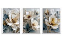 Zestaw 3 eleganckich plakatów z kwiatami magnolii w beżu i błękicie – dekoracja ścienna do salonu, sypialni w stylu glamour KP 81969 Naklejkomania - zdjecie 4 - miniatura