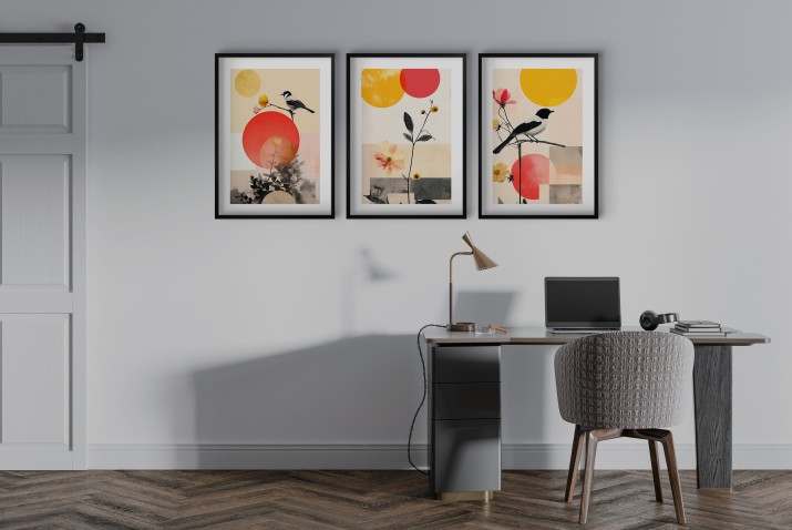 Tryptyk Geometria i Ptaki– Plakaty w Stylu Japandi | Minimalistyczne Obrazy na ścianę Czerwony i Żółty 81839 - zdjęcie 8