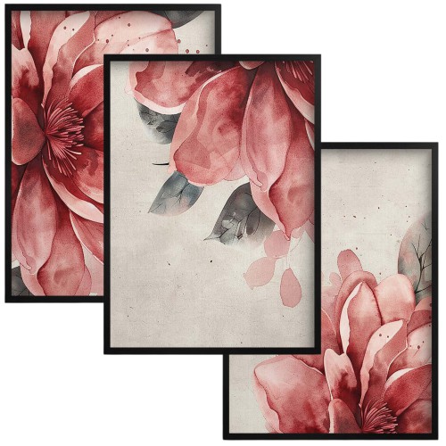 Delikatny zestaw 3 plakatów- akwarelowe kwiaty w różu i czerwieni | Obrazy na ścianę styl romantyczny, shabby chic 81864 Naklejkomania - zdjecie 1