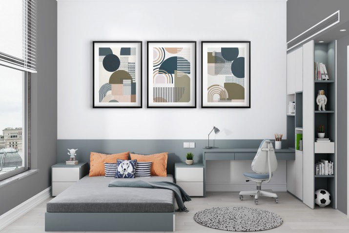 Zestaw 3 plakatów geometrycznych – Abstrakcyjne obrazy do salonu i sypialni | Grafika w stylu Bauhaus 81844 - zdjęcie 5
