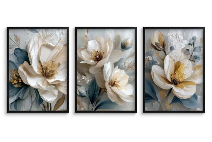 Zestaw 3 eleganckich plakatów z kwiatami magnolii w beżu i błękicie – dekoracja ścienna do salonu, sypialni w stylu glamour KP 81969 - zdjęcie 3