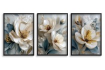 Zestaw 3 eleganckich plakatów z kwiatami magnolii w beżu i błękicie – dekoracja ścienna do salonu, sypialni w stylu glamour KP 81969 Naklejkomania - zdjecie 3 - miniatura