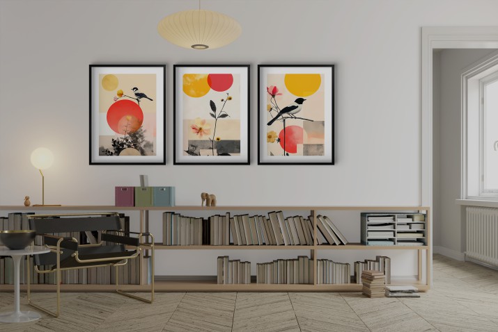 Tryptyk Geometria i Ptaki– Plakaty w Stylu Japandi | Minimalistyczne Obrazy na ścianę Czerwony i Żółty 81839 - zdjęcie 6