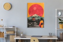 Obraz z japońskim krajobrazem- Góra Fuji, czerwone słońce i pagoda | Dekoracja w stylu retro, vintage inspirowana Japonią 94177 Naklejkomania - zdjecie 5 - miniatura