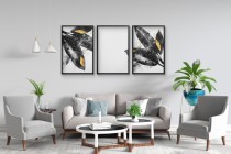 Nowoczesne plakaty- Liście w kolorach czerni, bieli i złota | Elegancka, minimalistyczna dekoracja ścienna 81868 Naklejkomania - zdjecie 5 - miniatura