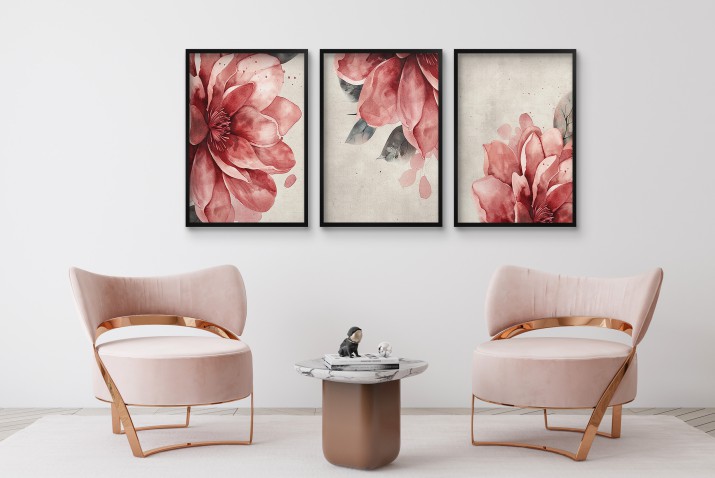 Delikatny zestaw 3 plakatów- akwarelowe kwiaty w różu i czerwieni | Obrazy na ścianę styl romantyczny, shabby chic 81864 - zdjęcie 7