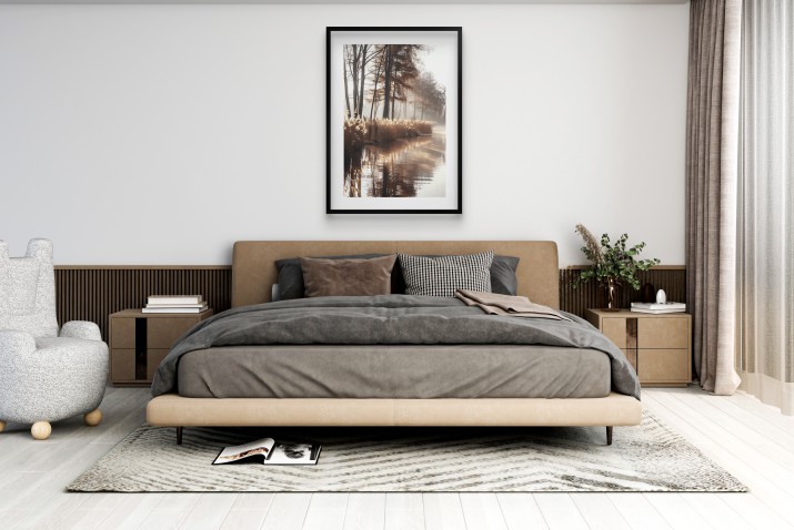 Plakat z Leśnym Krajobrazem w Beżowo-Złotej Tonacji | Mglisty Poranek nad Rzeką | Obrazy boho 94168 - zdjęcie 6