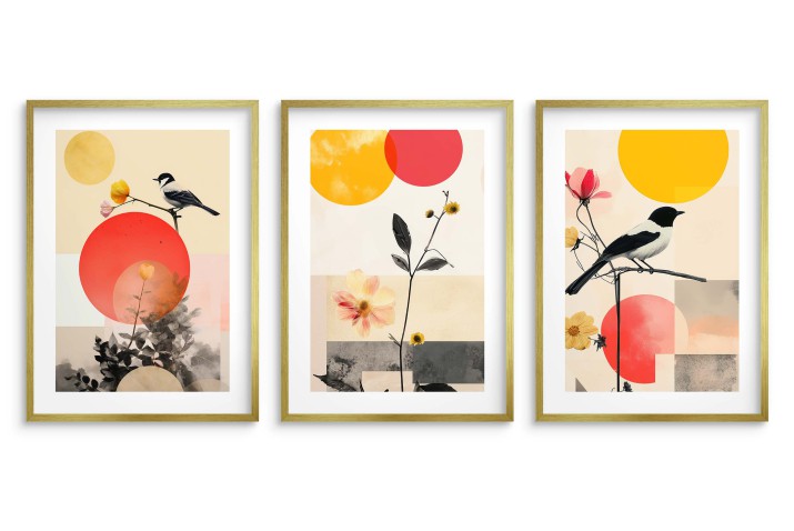 Tryptyk Geometria i Ptaki– Plakaty w Stylu Japandi | Minimalistyczne Obrazy na ścianę Czerwony i Żółty 81839 - zdjęcie 2