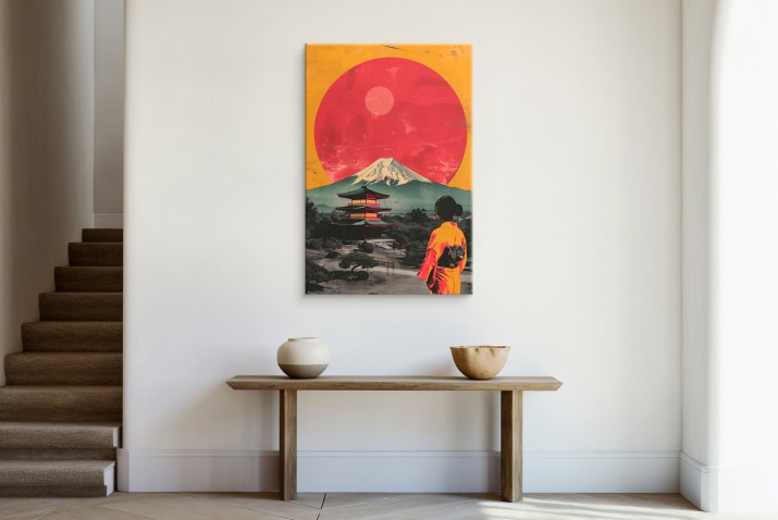 Obraz z japońskim krajobrazem- Góra Fuji, czerwone słońce i pagoda | Dekoracja w stylu retro, vintage inspirowana Japonią 94177 - zdjęcie 4