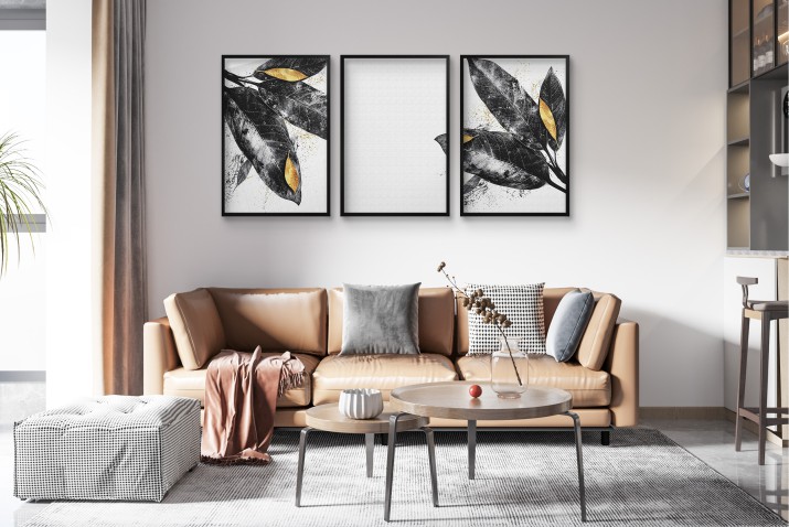 Nowoczesne plakaty- Liście w kolorach czerni, bieli i złota | Elegancka, minimalistyczna dekoracja ścienna 81868 - zdjęcie 2