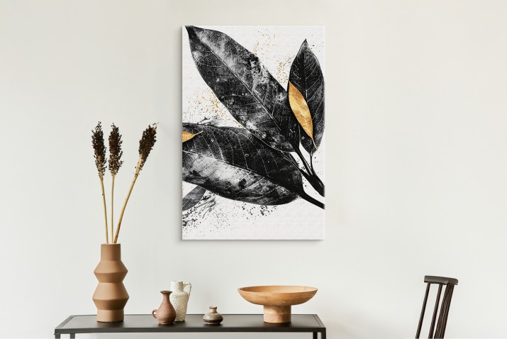 Czarno-złoty Obraz na ścianę z Liśćmi- elegancka ozdoba do salonu, przedpokoju, biura | Dekoracja ścienna glamour 94196 - zdjęcie 6