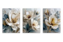 Zestaw 3 eleganckich plakatów z kwiatami magnolii w beżu i błękicie – dekoracja ścienna do salonu, sypialni w stylu glamour KP 81969 Naklejkomania - zdjecie 7 - miniatura