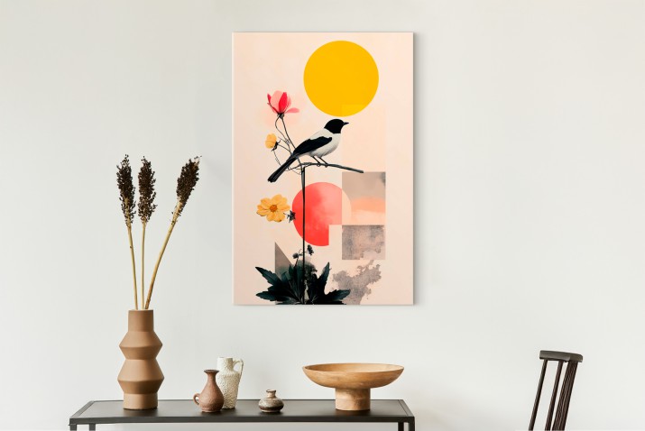 Minimalistyczny obraz na płótnie-  ptak, kwiaty i geometryczne kształty | Elegancka dekoracja ścienna 94179 - zdjęcie 6