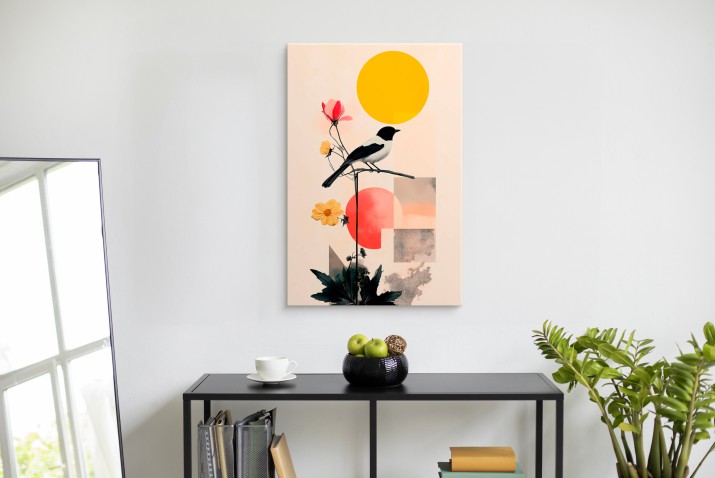 Minimalistyczny obraz na płótnie-  ptak, kwiaty i geometryczne kształty | Elegancka dekoracja ścienna 94179 - zdjęcie 3