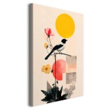 Minimalistyczny obraz na płótnie-  ptak, kwiaty i geometryczne kształty | Elegancka dekoracja ścienna 94179 Naklejkomania - zdjecie 1 - miniatura