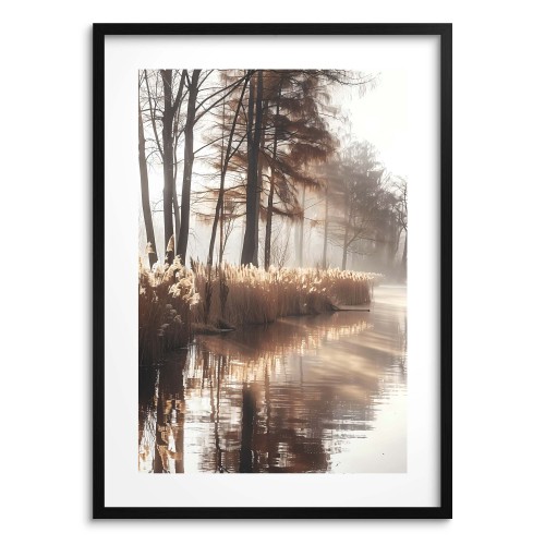 Plakat z Leśnym Krajobrazem w Beżowo-Złotej Tonacji | Mglisty Poranek nad Rzeką | Obrazy boho 94168 Naklejkomania - zdjecie 1