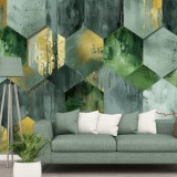 Designerska Fototapeta z efektem 3D– Heksagony w Zieleni i Złocie | Dekoracja wnętrz w stylu glamour, loft, industrialnym 81894 Naklejkomania - zdjecie 1 - miniatura