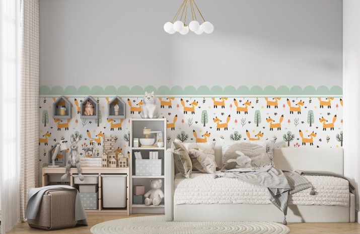 Dziecięca Fototapeta, Naklejka ścienna w stylu boho, skandynawskim- Liski i drzewa | Urocza, nowoczesna Lamperia 66744 - zdjęcie 3