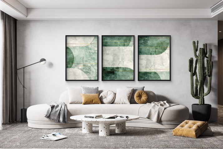 Zestaw 3 plakatów z geometrycznymi formami w odcieniach zieleni i bieli | Nowoczesna dekoracja do salonu 81874 - zdjęcie 6