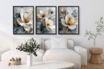 Zestaw 3 eleganckich plakatów z kwiatami magnolii w beżu i błękicie – dekoracja ścienna do salonu, sypialni w stylu glamour KP 81969 Naklejkomania - zdjecie 2 - miniatura