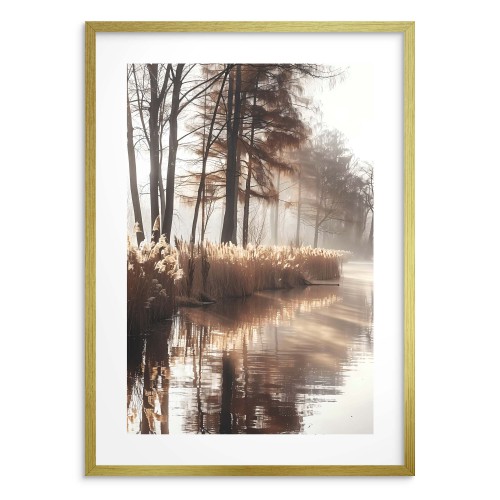 Plakat z Leśnym Krajobrazem w Beżowo-Złotej Tonacji | Mglisty Poranek nad Rzeką | Obrazy boho 94168 - zdjęcie 3