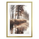Plakat z Leśnym Krajobrazem w Beżowo-Złotej Tonacji | Mglisty Poranek nad Rzeką | Obrazy boho 94168 Naklejkomania - zdjecie 3 - miniatura