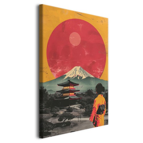 Obraz z japońskim krajobrazem- Góra Fuji, czerwone słońce i pagoda | Dekoracja w stylu retro, vintage inspirowana Japonią 94177 Naklejkomania - zdjecie 1