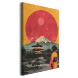 Obraz z japońskim krajobrazem- Góra Fuji, czerwone słońce i pagoda | Dekoracja w stylu retro, vintage inspirowana Japonią 94177 Naklejkomania - zdjecie 1 - miniatura