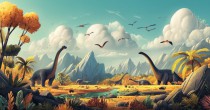 Bajkowa Fototapeta z Dinozaurami | Kolorowy Jurajski Krajobraz | Aranżacja Pokoju dziecięcego 82045 Naklejkomania - zdjecie 4 - miniatura