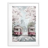 Plakat w stylu Retro- Wiosna w mieście | Tramwaje i Kwitnące wiśnie | Miejski pejzaż 82014 Naklejkomania - zdjecie 3 - miniatura