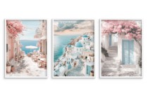 Plakaty Santorini w pastelowych kolorach | Malowniczy tryptyk z greckimi uliczkami i morzem- Dekoracja ścienna KP396 Naklejkomania - zdjecie 7 - miniatura