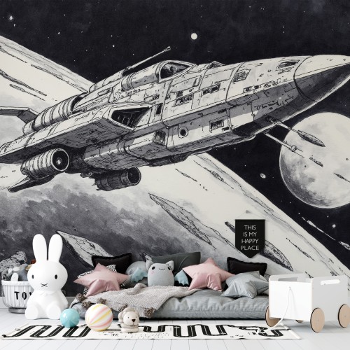 Komiksowa Fototapeta Sci-Fi – Kosmos, Planeta, Statek Kosmiczny | Czarno- biała młodzieżowa tapeta na ścianę 82074