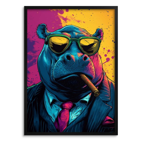 Humorystyczny Plakat Pop-Art: Hipopotam z cygarem | Kolorowy obraz do pokoju nastolatka 94206 Naklejkomania - zdjecie 1