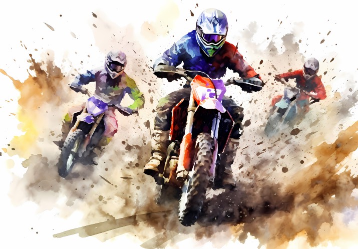 Kolorowa Fototapeta z Motocyklistami | Motocross w Stylu Akwareli | Sportowa dekoracja do pokoju chłopca, nastolatka 64200 - zdjęcie 2
