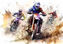 Kolorowa Fototapeta z Motocyklistami | Motocross w Stylu Akwareli | Sportowa dekoracja do pokoju chłopca, nastolatka 64200 Naklejkomania - zdjecie 2 - miniatura