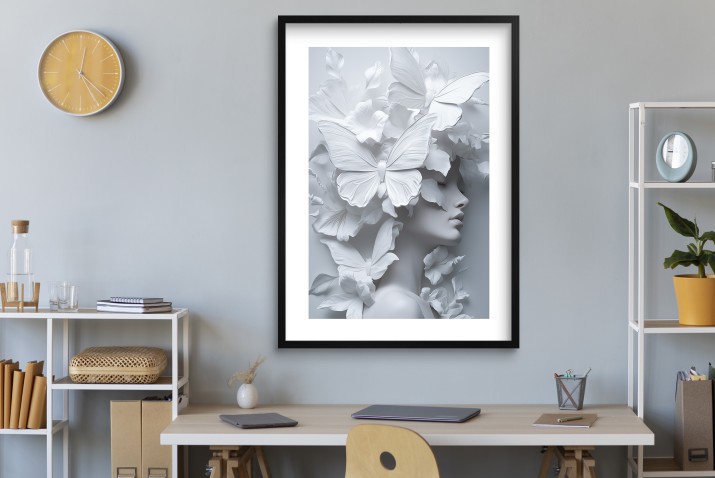 Minimalistyczny Plakat 3D- Artystyczny Portret Kobiety wśród motyli | Biały Obraz do eleganckiego wnętrza 82010 - zdjęcie 6