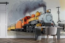 Fototapeta z Parowozem Retro | Kolorowa Ilustracja Pociągu | Dekoracja Ścienna do Pokoju Chłopca 82037 Naklejkomania - zdjecie 2 - miniatura