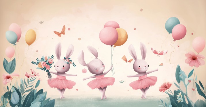 Fototapeta do pokoju dziewczynki- Króliczki baletnice | Pastelowa dekoracja do przedszkola, żłobka 82047 - zdjęcie 4