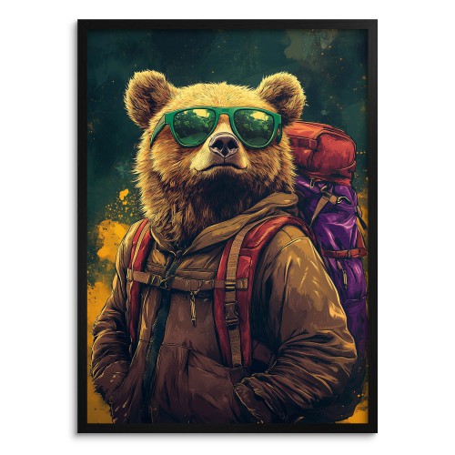 Oryginalny plakat: Niedźwiedź Turysta | Śmieszna, nowoczesna grafika z misiem w okularach 94209 - zdjęcie 3