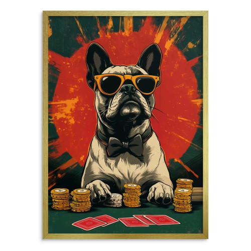 Śmieszny Plakat z Psem Grającym w Pokera | Buldog Francuski w Okularach | Młodzieżowy Obraz na ścianę 94211 Naklejkomania - zdjecie 1