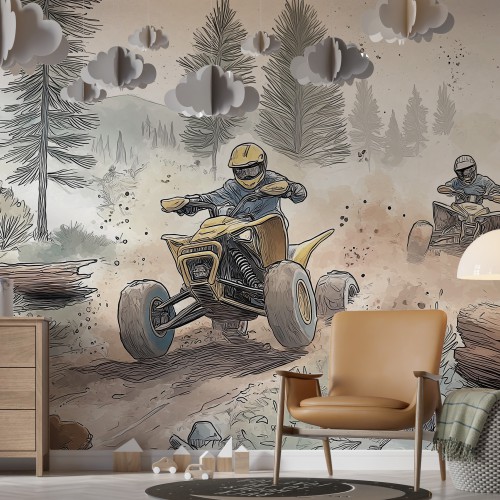Fototapeta z quadami- wyścig w lesie | Dekoracja ścienna do pokoju chłopca, fana off-roadu, motoryzacji 64199
