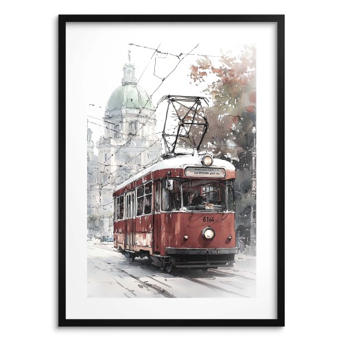 Plakat Czerwony Tramwaj Retro- ilustracja w stylu akwareli | Miejski pejzaż 82006 Naklejkomania - zdjecie 1