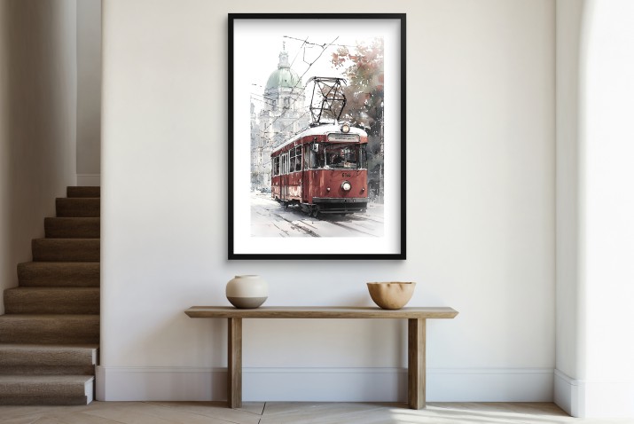 Plakat Czerwony Tramwaj Retro- ilustracja w stylu akwareli | Miejski pejzaż 82006 - zdjęcie 2