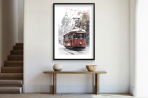 Plakat Czerwony Tramwaj Retro- ilustracja w stylu akwareli | Miejski pejzaż 82006 Naklejkomania - zdjecie 2 - miniatura