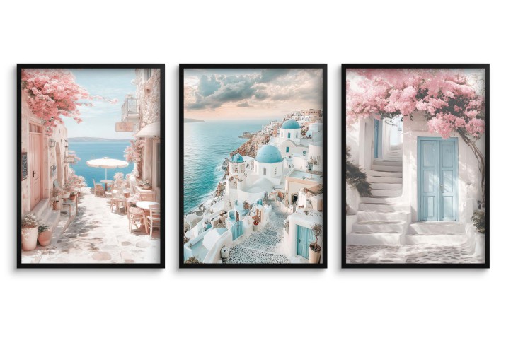 Plakaty Santorini w pastelowych kolorach | Malowniczy tryptyk z greckimi uliczkami i morzem- Dekoracja ścienna KP396 - zdjęcie 3