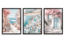 Plakaty Santorini w pastelowych kolorach | Malowniczy tryptyk z greckimi uliczkami i morzem- Dekoracja ścienna KP396 Naklejkomania - zdjecie 3 - miniatura