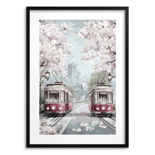 Plakat w stylu Retro- Wiosna w mieście | Tramwaje i Kwitnące wiśnie | Miejski pejzaż 82014 Naklejkomania - zdjecie 1