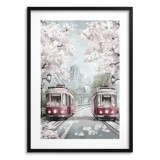 Plakat w stylu Retro- Wiosna w mieście | Tramwaje i Kwitnące wiśnie | Miejski pejzaż 82014 Naklejkomania - zdjecie 1 - miniatura
