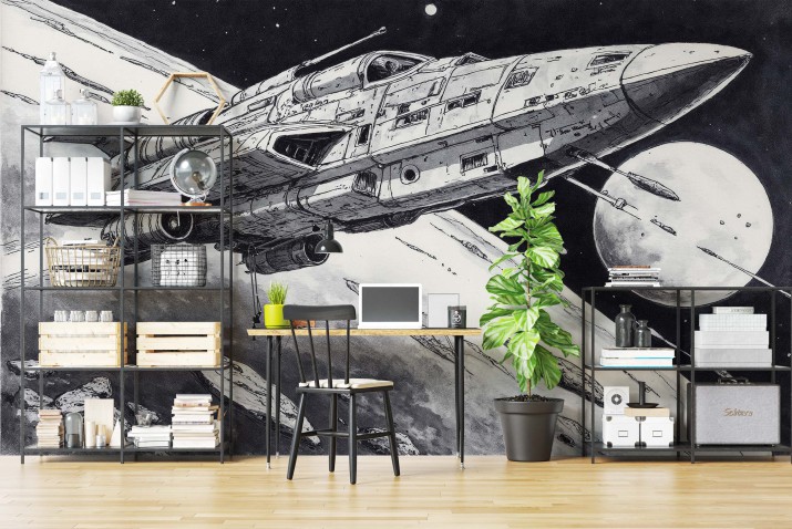 Komiksowa Fototapeta Sci-Fi – Kosmos, Planeta, Statek Kosmiczny | Czarno- biała młodzieżowa tapeta na ścianę 82074 - zdjęcie 2