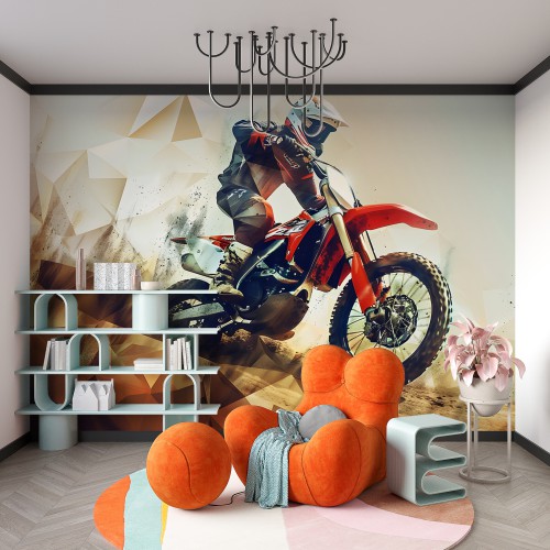 Fototapeta Motocross do pokoju nastolatka | Sportowa Dekoracja Ścienna z Motocyklem i Geometrycznym Tłem 64203